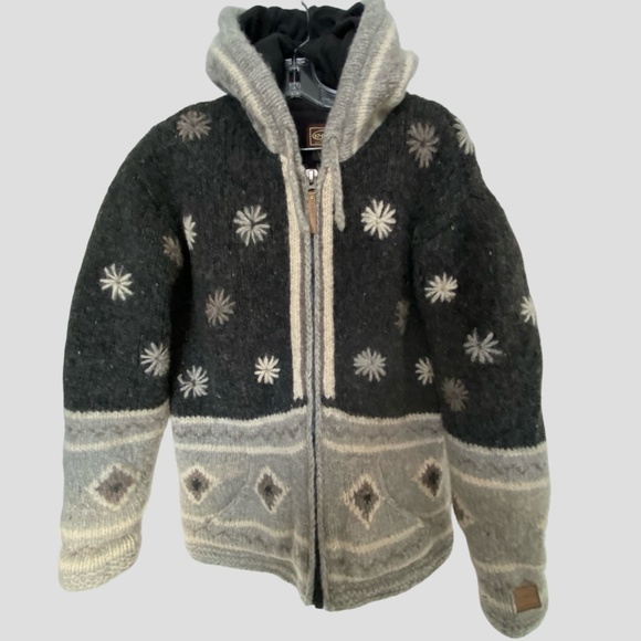 Kyber Grey Wool Fleece Lined Hooded Drawstring Knit Outdoor Cabin Coat. Sz-M - Picture 1 of 15